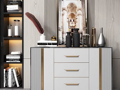 Modern Console Table And Side Cabinet With Golden Handles Feather Decor And Vases 3d model