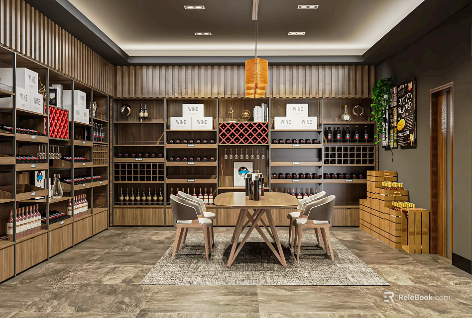 Modern Tobacco and Liquor Store Interior With Wooden Shelves Wine Displays And Table Chairs 3d model 