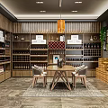 Modern Tobacco and Liquor Store Interior With Wooden Shelves Wine Displays And Table Chairs