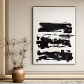 Black And White Abstract Wall Painting With Dried Branches In Ceramic Vase