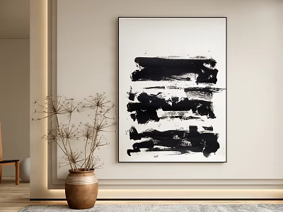 Black And White Abstract Wall Painting With Dried Branches In Ceramic Vase 3d model