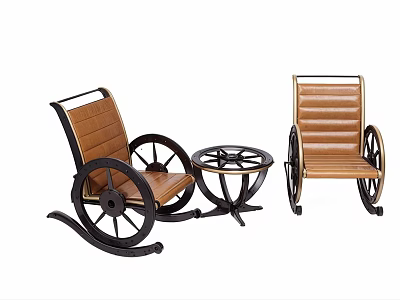 Vintage Wooden Leisure Chairs With Wheel Design And Round Side Table 3d model