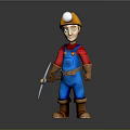 Cartoon Miner Character Wearing Yellow Hard Hat And Blue Overalls With Pickaxe