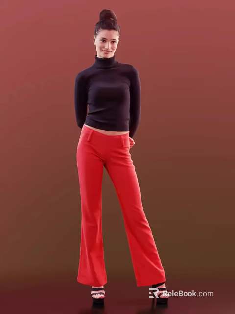 Woman in Black Turtleneck Top and Red Pants Standing Against Red Background 3d model 