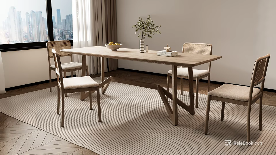 Modern Minimalist Wooden Dining Table Set with Wicker Chairs Vase Flowers and Fruit Bowl on Rug 3d model 
