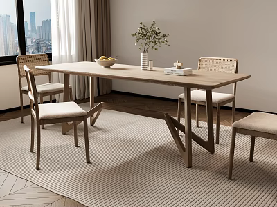 Modern Minimalist Wooden Dining Table Set with Wicker Chairs Vase Flowers and Fruit Bowl on Rug 3d model
