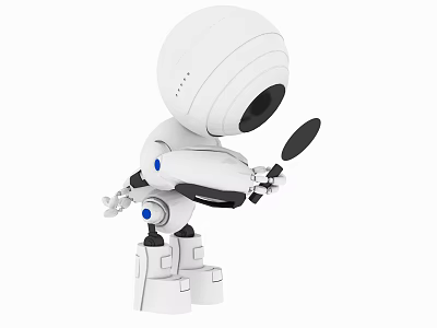 Smart Robot With White Body Round Head Black Lens Blue Joints And Arm Holding Object 3d model