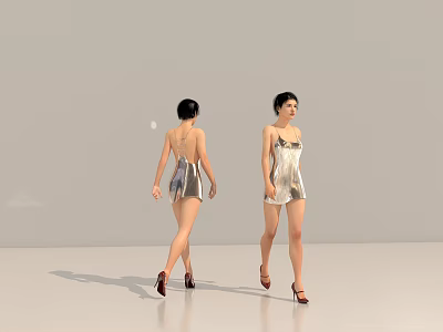 Woman In Silver Camisole Shorts Red High Heels Back And Front Views On White Background 3d model