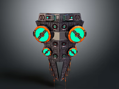 Spacecraft Engine Design With Glowing Green Orange Thrusters And Mechanical Structure 3d model