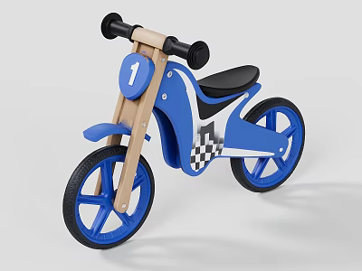 Blue Wooden Kids Balance Bike With Number 1 Checkered Pattern And Black Seat 3d model