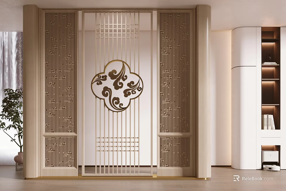 Chinese Style Entryway Hallway Interior With Carved Wooden Partition And Decorative Motifs 3d model 