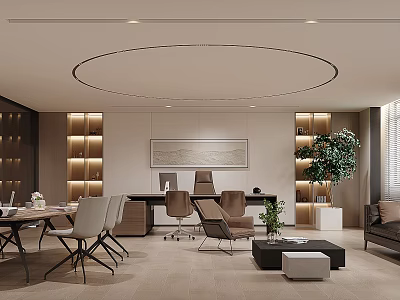 Modern Office Interior Featuring Circular Ceiling Light Desks Chairs Bookshelves Plants And Sofa 3d model