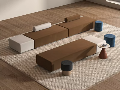 Modular Two Seater Sofa in Brown and White on Wooden Floor with Stools and Rug 3d model