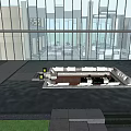 Modern Sales Office Interior With Open Space Model Display Lounge Area And Glass Curtain Wall