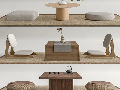 Minimalist Wooden Tea Table and Chairs with Woven Cushions and Ceramic Teapot 3d model