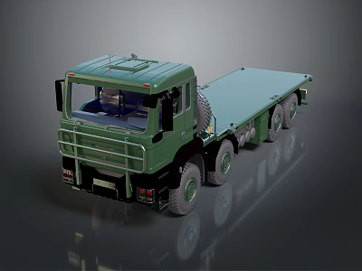 Green Military Flatbed Truck Featuring Multiple Wheels And Cab Design 3d model