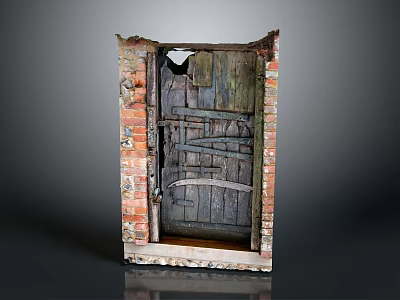 Vintage Wooden Door With Red Brick Walls Damaged Frame Wood Grain And Metal Strips 3d model