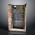 Vintage Wooden Door With Red Brick Walls Damaged Frame Wood Grain And Metal Strips