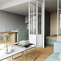 Modern Apartment Interior With Large Windows And Light Blue Sofa