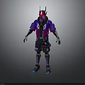 Futuristic Cyberpunk Character With Pink Helmet Green Horns Purple Jacket Black Pants And Blue Accents