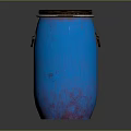 Blue Household Barrel With Brown Lid And Metal Ring Handle Design
