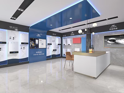 Modern Exhibition Hall Interior With Display Cabinets Reception Counter And Lighting Design 3d model