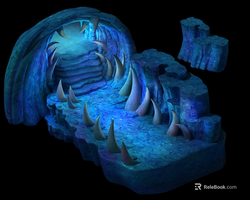 Cartoon Cave Scene With Glowing Blue Lighting Spiky Rocks And Stepped Platforms 3d model 