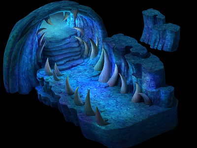 Cartoon Cave Scene With Glowing Blue Lighting Spiky Rocks And Stepped Platforms 3d model
