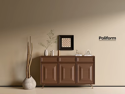 Poliform Brown Entryway Console Cabinet with Decorative Vase and Checkerboard Frame in Modern Entryway 3d model