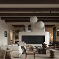 Cozy Living Room With Wooden Beam Ceiling White Pendant Lights Sofa Fireplace And Coffee Table
