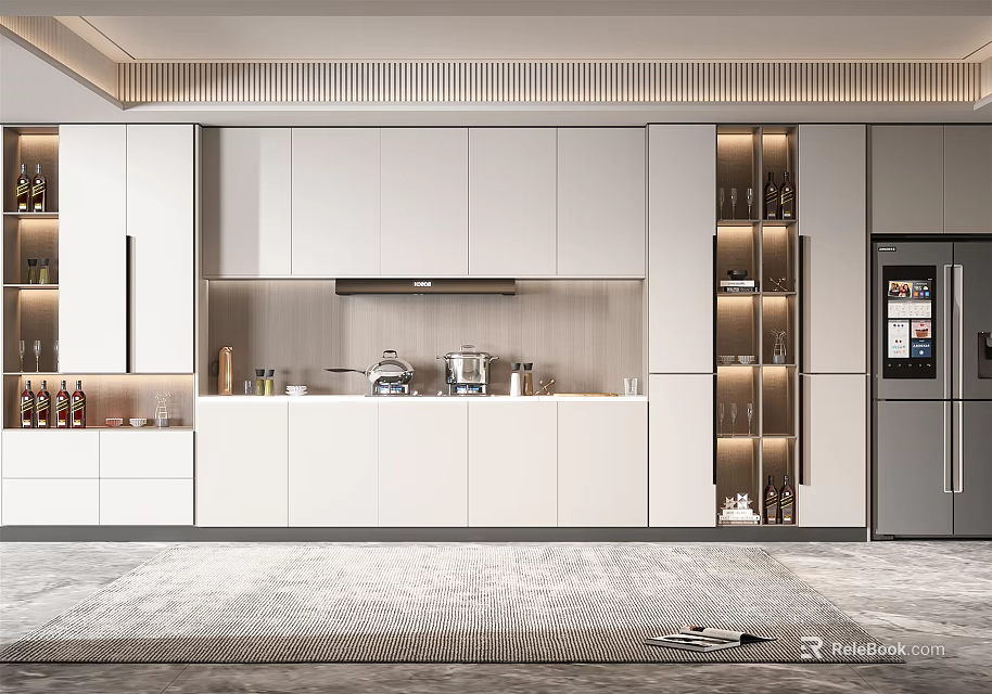 Modern Kitchen With White Cabinets Open Design Island And LED Lighting 3d model 