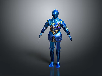 3D Model of Blue Knight Armor With Golden Decorative Details And Metallic Finish 3d model