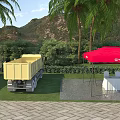 Industrial Equipment Featuring Yellow Dump Trucks Red Tent Outdoor With Palm Trees Mountains Grassy Ground