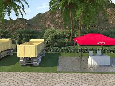 Industrial Equipment Featuring Yellow Dump Trucks Red Tent Outdoor With Palm Trees Mountains Grassy Ground 3d model