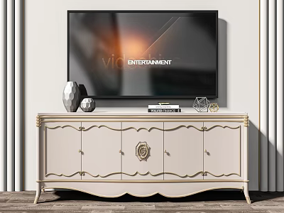 Elegant Classic Ivory White TV Stand With Gold Accents Mounted TV Books Geometric Decor 3d model