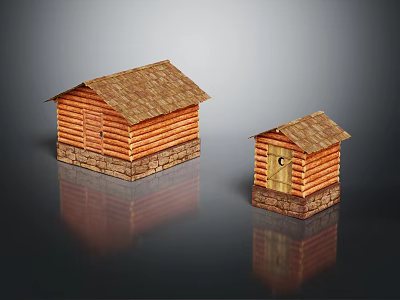 Two Log Cabins With Wooden Roofs And Stone Base Architectural Design 3d model