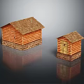 Two Log Cabins With Wooden Roofs And Stone Base Architectural Design