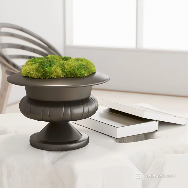 Decorative Black Potted Bonsai With Green Moss On Indoor Table And Books 3d model 