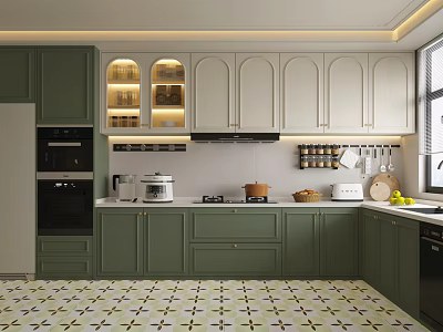 Green And Beige Kitchen Interior With Open Glass Cabinets White Countertop And Geometric Tiled Floor 3d model