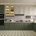 Green And Beige Kitchen Interior With Open Glass Cabinets White Countertop And Geometric Tiled Floor