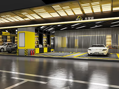 Car Dealership Showroom Displaying White Sports Car with Yellow Partitions Floor Lines and Lighting Design 3d model