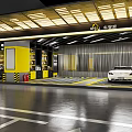 Car Dealership Showroom Displaying White Sports Car with Yellow Partitions Floor Lines and Lighting Design