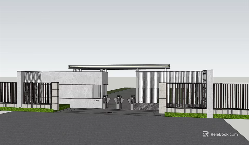 Modern Entrance Gate Featuring Metal Design Overhead Canopy Concrete Walls And Green Lawn 3d model 
