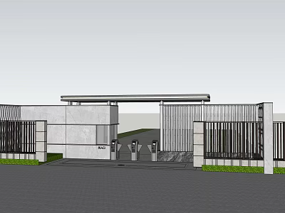 Modern Entrance Gate Featuring Metal Design Overhead Canopy Concrete Walls And Green Lawn 3d model