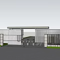 Modern Entrance Gate Featuring Metal Design Overhead Canopy Concrete Walls And Green Lawn