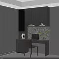 Modern Desk With Black Cabinetry Open Shelves Laptop Green Plants Textured Wall And Chair