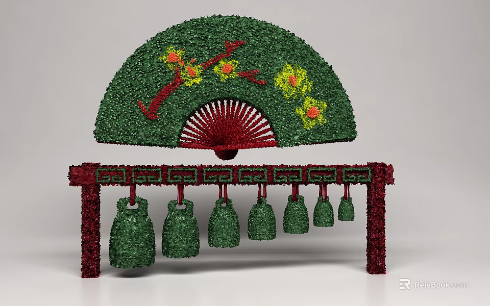 Green Shrubs Fan Shaped Design With Red Frame And Hanging Decorations And Red Yellow Flowers 3d model 