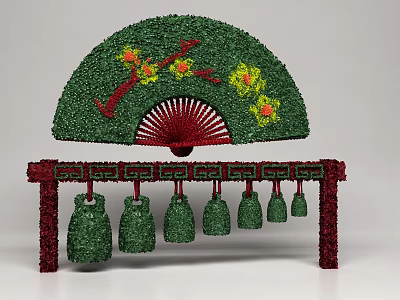 Green Shrubs Fan Shaped Design With Red Frame And Hanging Decorations And Red Yellow Flowers 3d model