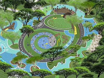 Children's Play Area With Circular Paths Blue Water Features Green Lawns And Trees 3d model