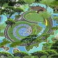 Children's Play Area With Circular Paths Blue Water Features Green Lawns And Trees